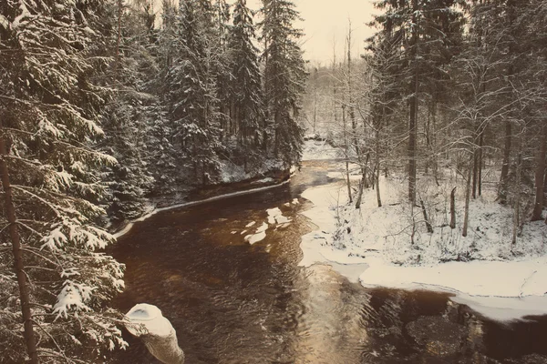 Gefrorene winterliche Flusslandschaft - Retro-Jahrgang — Stockfoto