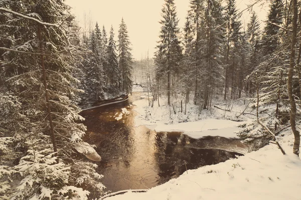 Frozen winter river landscape - retro vintage — Stock Photo, Image