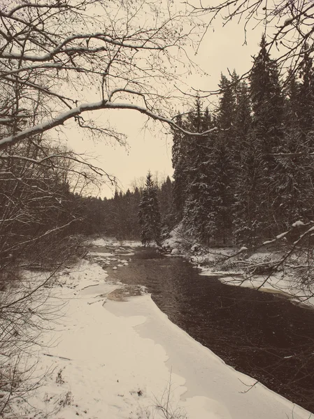Paysage fluvial hivernal gelé - vintage rétro — Photo