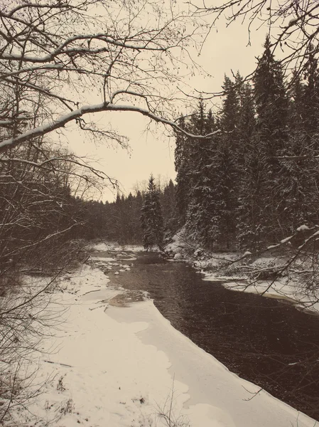 Gefrorene winterliche Flusslandschaft - Retro-Jahrgang — Stockfoto