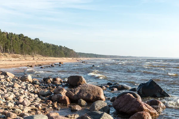 Shoreline of Baltic sea beach with rocks and sand dunes — Stock Photo, Image