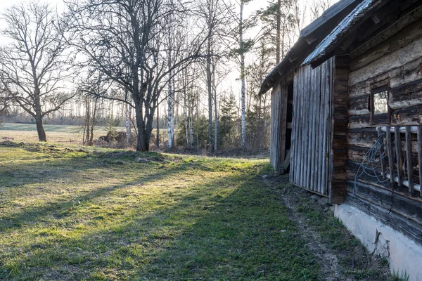 Vecchia casa di campagna dettagli murali in legno con teschio di mucca — Foto Stock