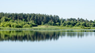 Sakin göl kenarında simetrik yansımalar