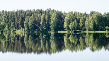 Sakin göl kenarında simetrik yansımalar