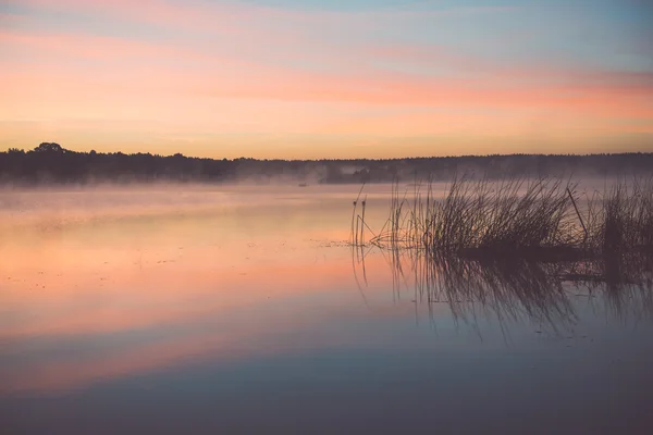 Mañana brumosa en el lago del campo - efecto vintage —  Fotos de Stock