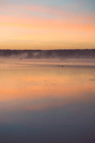 Mglisty poranek nad jeziorem kraju - vintage efekt — Zdjęcie stockowe