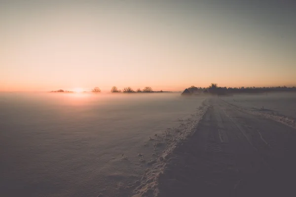 Campos de campo de niebla en invierno en la mañana fría - efecto vintage —  Fotos de Stock