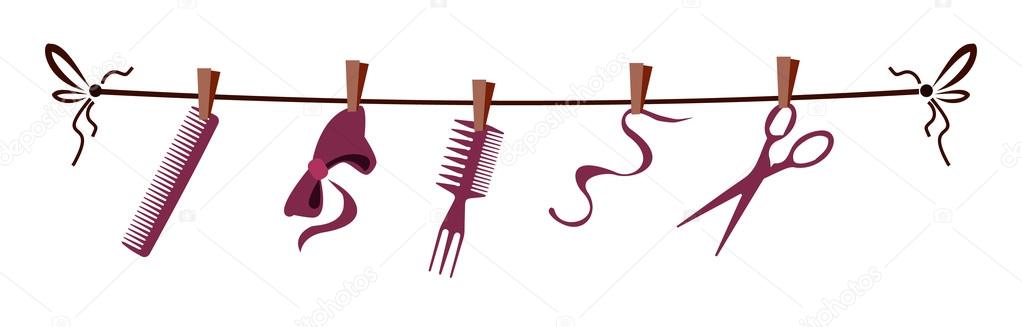 Hairdresser barber tools and accessories on rope for barbershop, salon interior, hipster haircut service, logo, icon. Web design template, concept for website banner and landing page elements layout
