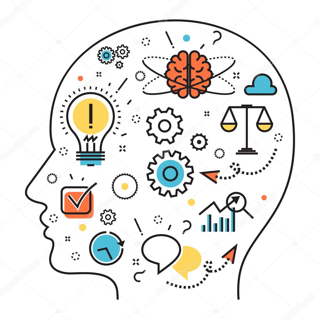 Flat line illustration of born business project startup thought process mechanism  into man brain and head from idea to success for website banner and landing page, infographics, logo and icon