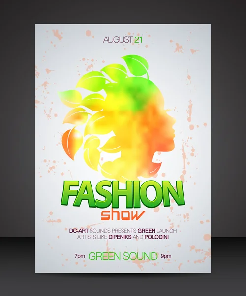 Vector stijlvolle spandoek, poster en flyer voor modeshow met gele, oranje en groene kleur silhouet van mooie vrouw in profiel met bladeren haren — Stockvector