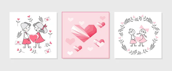 Illustration Vectorielle Saint Valentin Ensemble Cartes Postales Avec Coeurs Triangulaires — Image vectorielle