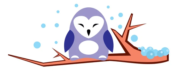 Cute violet owl on a branch in winter - vector illustration — Stock Vector