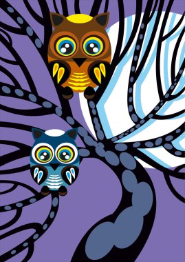 Baykuş gece - vektör çizim ormandaki