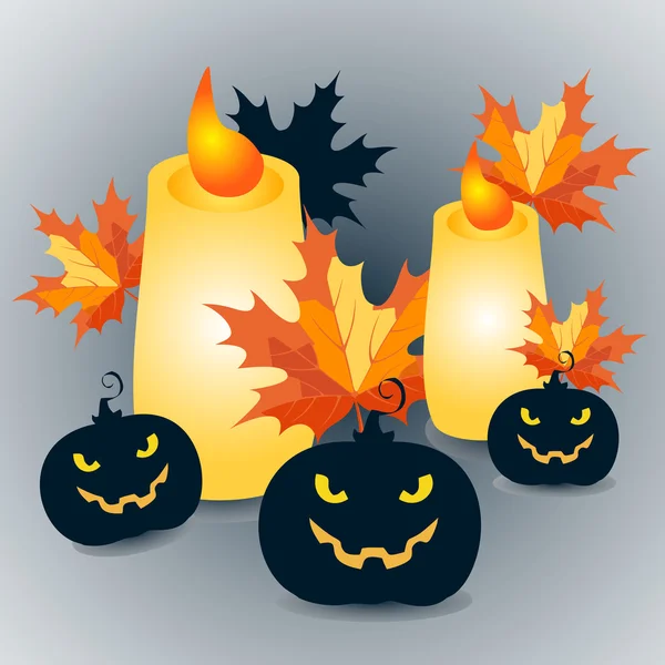 Halloween pumpkins and candles with maple leaves on grey background - vector Illustration — Stock Vector