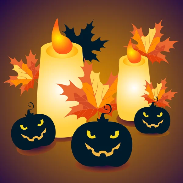 Halloween pumpkins and candles with maple leaves - vector Illustration — Stock Vector