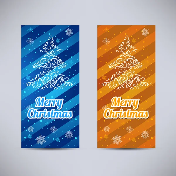 Joyeux Nouvel An et Joyeux Noël décors vectoriels bleu et orange ensemble vertical - ornement sapin et flocons de neige — Image vectorielle