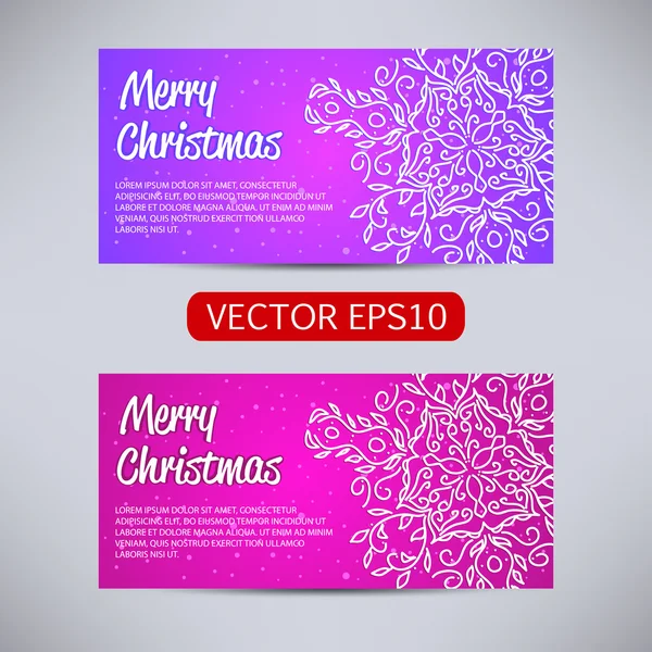 С Новым годом и Рождеством Христовым векторные розовые и фиолетовые баннеры - горизонтальный набор с орнаментом снежинки — стоковый вектор