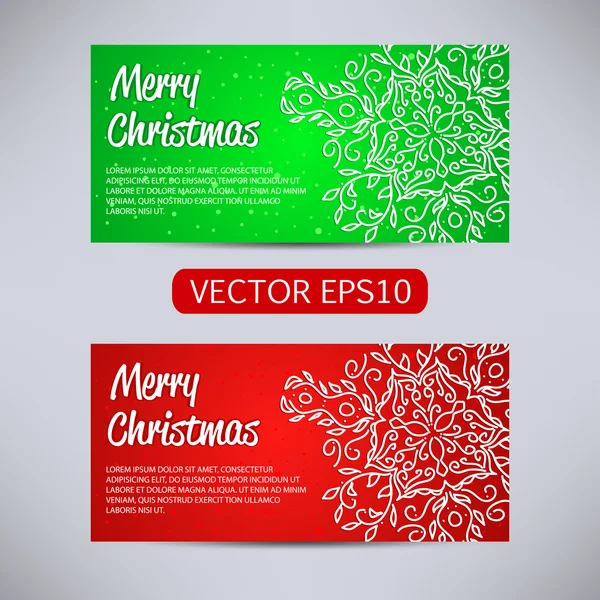 С Новым годом и Рождеством векторные красные и зеленые баннеры - горизонтальный набор с орнаментом снежинки — стоковый вектор