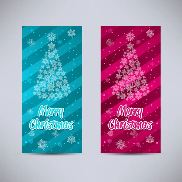 Joyeux Nouvel An et Joyeux Noël milieux vectoriels aqua et rose ensemble vertical - ornement sapin et flocons de neige — Image vectorielle