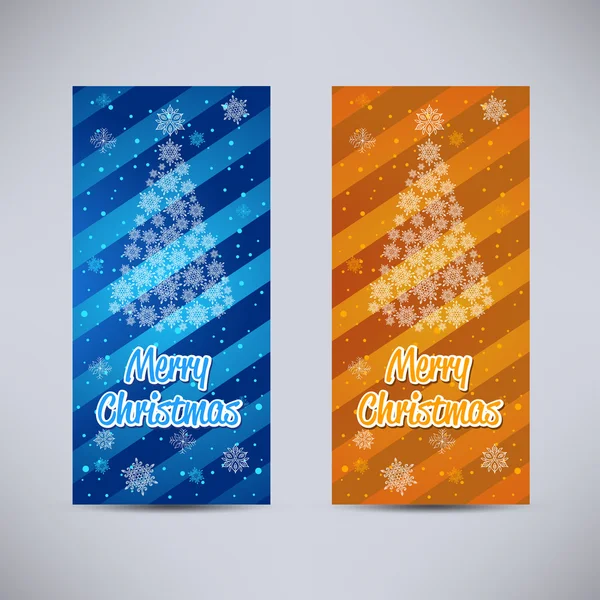 Joyeux Nouvel An et Joyeux Noël décors vectoriels bleu et orange ensemble vertical - ornement sapin et flocons de neige — Image vectorielle