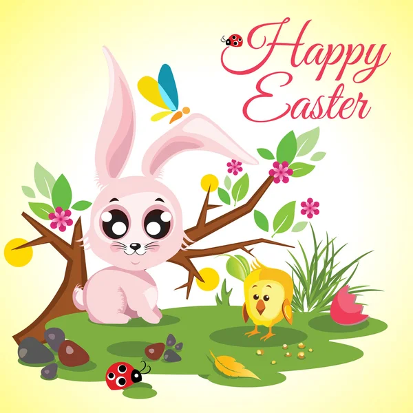 Glad påsk bakgrund äng med söt kyckling och kanin, nyckelpiga, fjäril och träd, vektor illustration — Stock vektor
