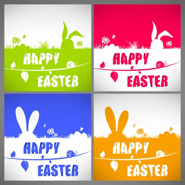 Happy easter kleurrijke vector illustratie kaarten instellen met de konijnen macrotis silhouetten op de weide — Stockvector