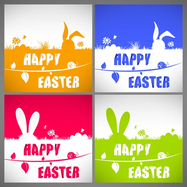 Feliz Pascua colorido vector ilustración tarjetas conjunto con las siluetas de conejos de orejas grandes en el prado — Archivo Imágenes Vectoriales