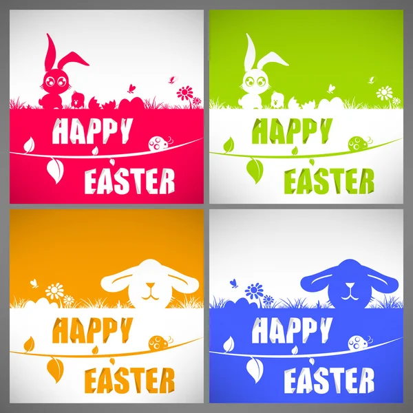 Happy easter kleurrijke vector illustratie kaarten instellen met de macrotis konijnen en kip silhouetten op de weide — Stockvector