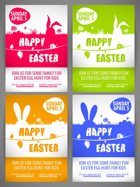 Happy easter illustration vectorielle colorée Modèles Flyer Set avec les grandes oreilles silhouettes de lapins sur la prairie — Image vectorielle