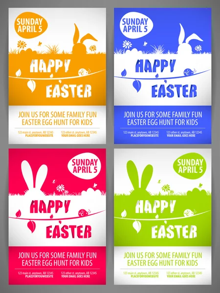 Mutlu Paskalya renkli vektör çizim el ilanı şablonları ile koca kulaklı tavşan siluetleri çayır on ayarla — Stok Vektör