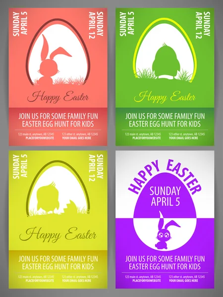 Happy easter illustration vectorielle couleur pastel modèles Flyer Set avec silhouettes de lapin et de poulet dans l'oeuf — Image vectorielle