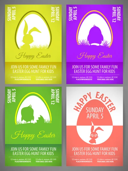 Happy easter illustration vectorielle couleur pastel modèles Flyer Set avec silhouettes de lapin et de poulet dans l'oeuf — Image vectorielle