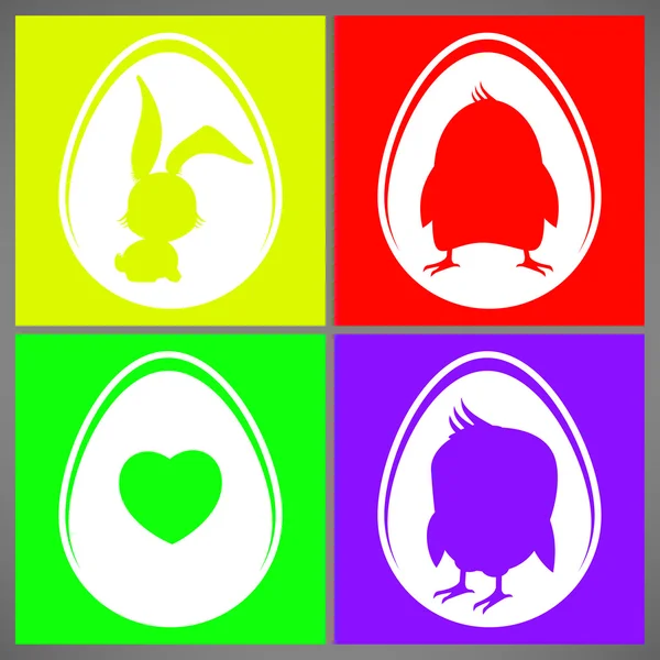 Feliz Pascua colorido vector ilustración tarjetas conjunto con conejo, pollo y siluetas de corazón en huevo — Archivo Imágenes Vectoriales
