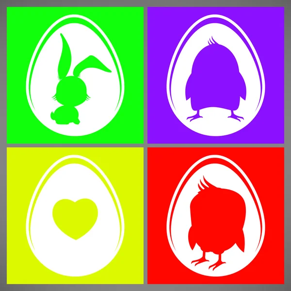 Feliz Pascua colorido vector ilustración tarjetas conjunto con conejo, pollo y siluetas de corazón en huevo — Archivo Imágenes Vectoriales