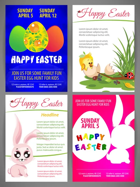 Glücklich Ostern Vektor Illustration Flyer Vorlagen Set von neugeborenen Chiken und Kaninchen, bunte Eier, Silhouette von Kaninchen und Ei — Stockvektor