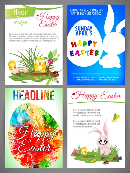 Glückliche Ostern Vektor Illustration Flyer Vorlagen Set von chiken Familie und Kaninchen, watecolor Ei, Silhouette von Kaninchen und Ei — Stockvektor