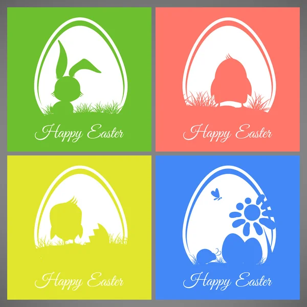 Fröhliche Ostern Pastell bunte Vektor Illustrationskarten Set Wiese mit Kaninchen, Huhn, Neugeborenes, Schmetterling, Eier, Blume, Marienkäfer Silhouetten im Ei — Stockvektor