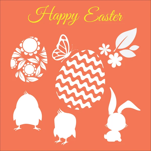 Happy easter vector set met silhouetten van kippen, konijnen, bloem, blad en eieren — Stockvector