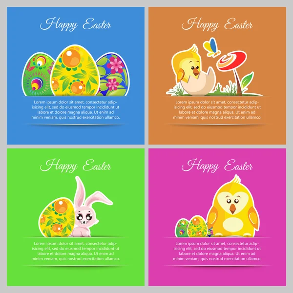 Happy easter cartes vectorielles colorées illustration Set prairie avec poulet nouveau-né, fleur, papillon, ornement œufs floraux — Image vectorielle