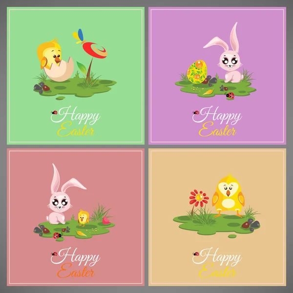 Feliz Pascua pastel colorido vector ilustración tarjetas Set prado con conejo, pollo, recién nacido, mariposa, huevos, flor, mariquita — Archivo Imágenes Vectoriales