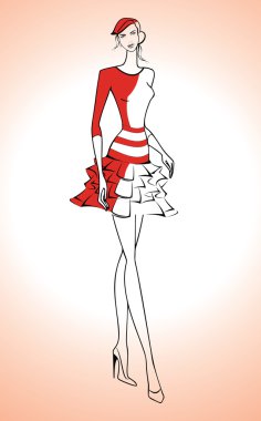 Kırmızı elbise ve bere - vektör çizim güzel kadın silüeti