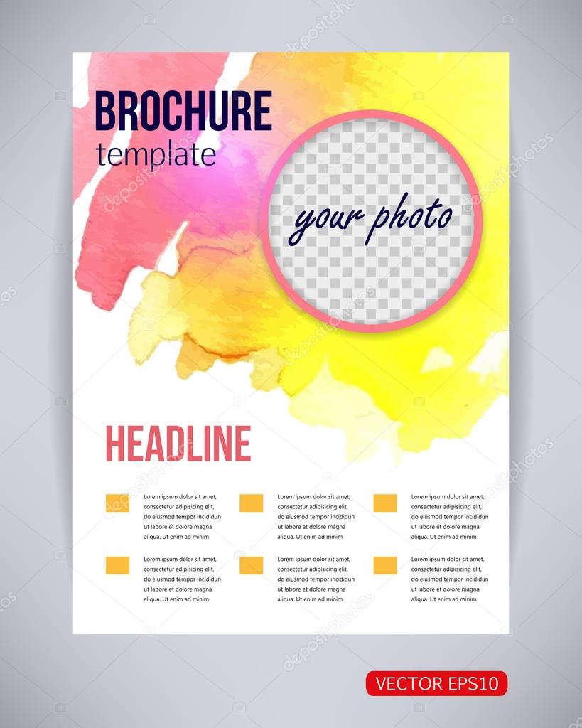 Vector brochure and flyer, poster template with watercolor paint pink and yellow splash and drops with photo 1