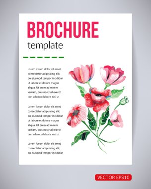 Vector brochure and flyer, poster template with abstract beautiful watercolor flower red poppies with leaves. Typography flyer invitation vector illustration