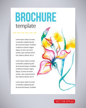 Vector brochure and flyer, poster template with abstract beautiful watercolor flower pink iris, splashes, drops on paper or canvas. Typography flyer invitation vector illustration