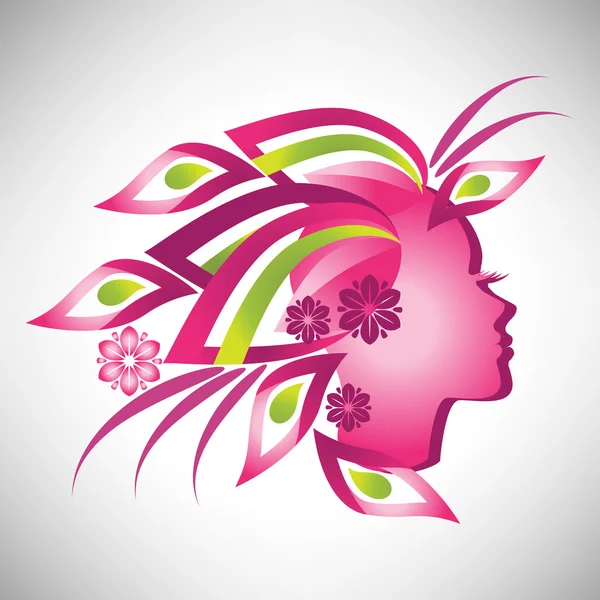 Vektor ilustrasi abstrak indah bergaya wanita merah muda siluet dalam profil dengan rambut bunga - Stok Vektor