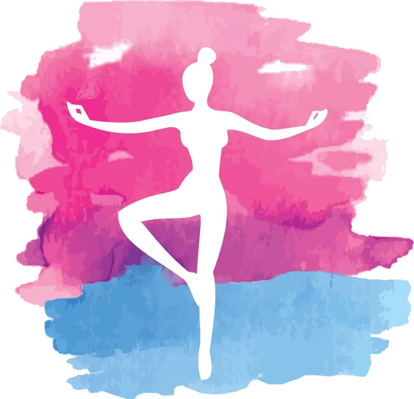 Abstracto rosa a azul acuarela salpica fondo con la mujer en una posición de equilibrio, ilustración vectorial — Vector de stock