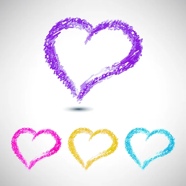 Conjunto de cores brilhantes de silhuetas de corações vetoriais desenhadas com estilo de traços de giz —  Vetores de Stock