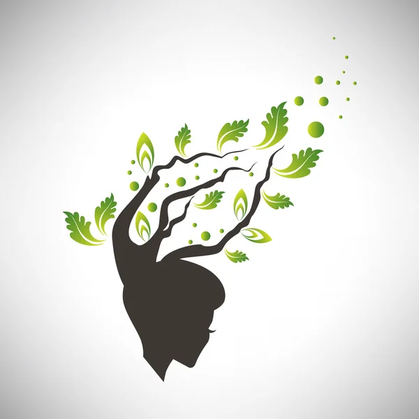Ilustrație vectorială a abstractă Siluetă femeie frumoasă în profil cu frunze verzi păr — Vector de stoc