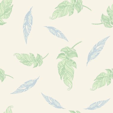 Vektör nadir Dikişsiz desen egzotik eşsiz dekoratif el çekilmiş yeşil ve mavi dolgulu tüyler uçuk sarı arka plana üzerinde