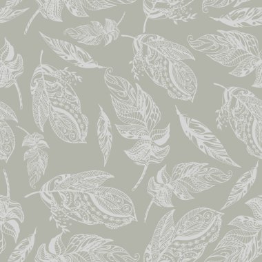 Vektör Dikişsiz desen egzotik eşsiz dekoratif el beyaz tüyleri koyu yeşil arka plan üzerinde çizilmiş.